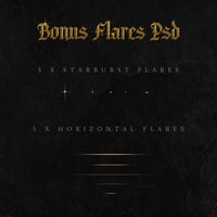 dark image with 10 examples of decorative, glistening light flares