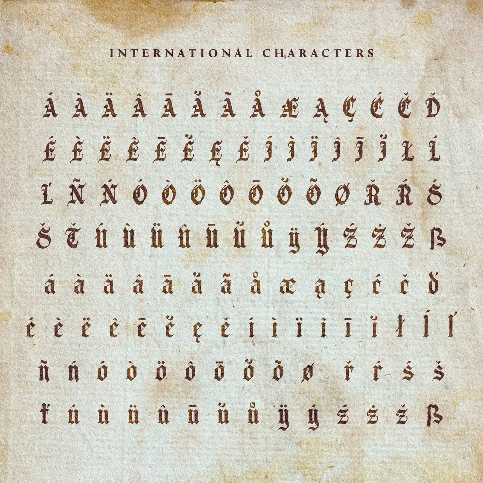 All non-english letter contained in the candelabra font set on an old paper texture