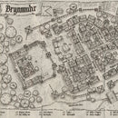 sepia coloured fantasy village map with all places labelled using the candelabra font
