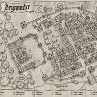 sepia coloured fantasy village map with all places labelled using the candelabra font