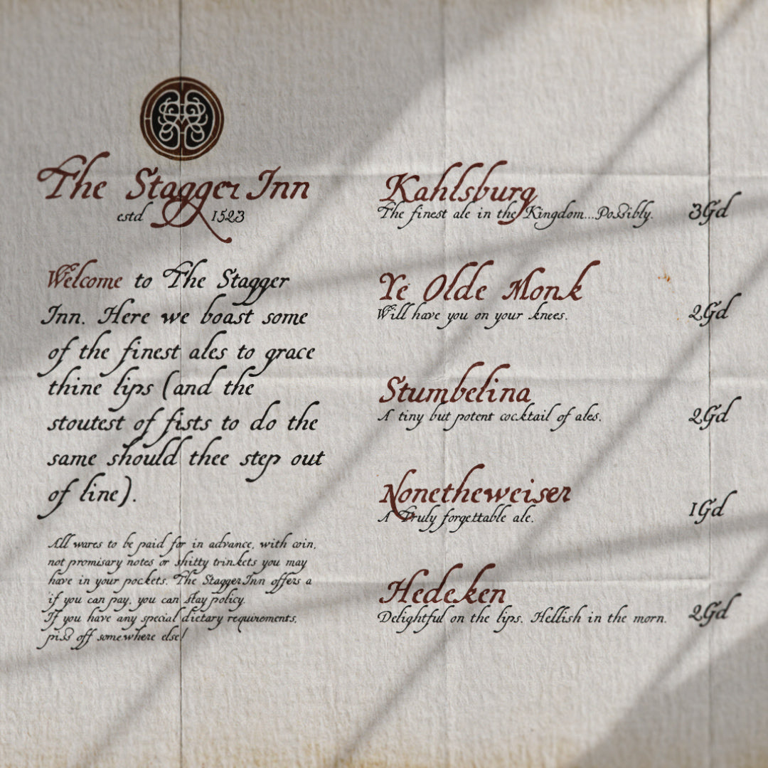 Promotional image of a fictional tavern menu written on paper. The font is hand written with a medieval feel