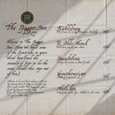 Promotional image of a fictional tavern menu written on paper. The font is hand written with a medieval feel