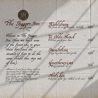 Promotional image of a fictional tavern menu written on paper. The font is hand written with a medieval feel