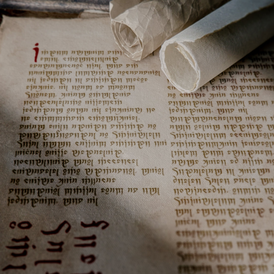 Roll of fictional ancient text, showcasing a fantasy font by Aesoterik