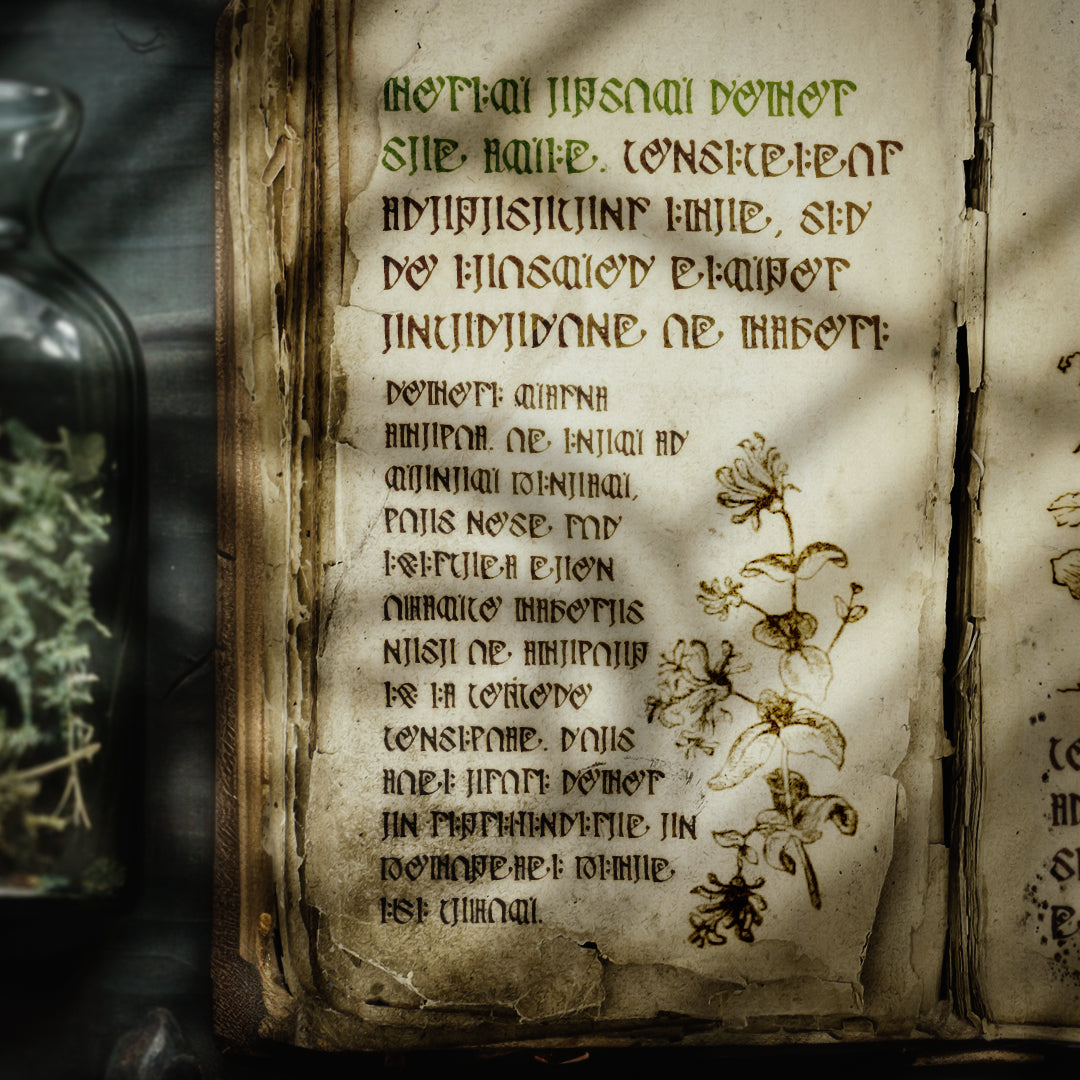 An old herbalists book lays open displaying the Druid Scribe font and an illustration of some kind of herb. 