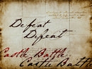 Text 'Defeat' and 'Castle Battle' written in a hand penned font on a textured paper background