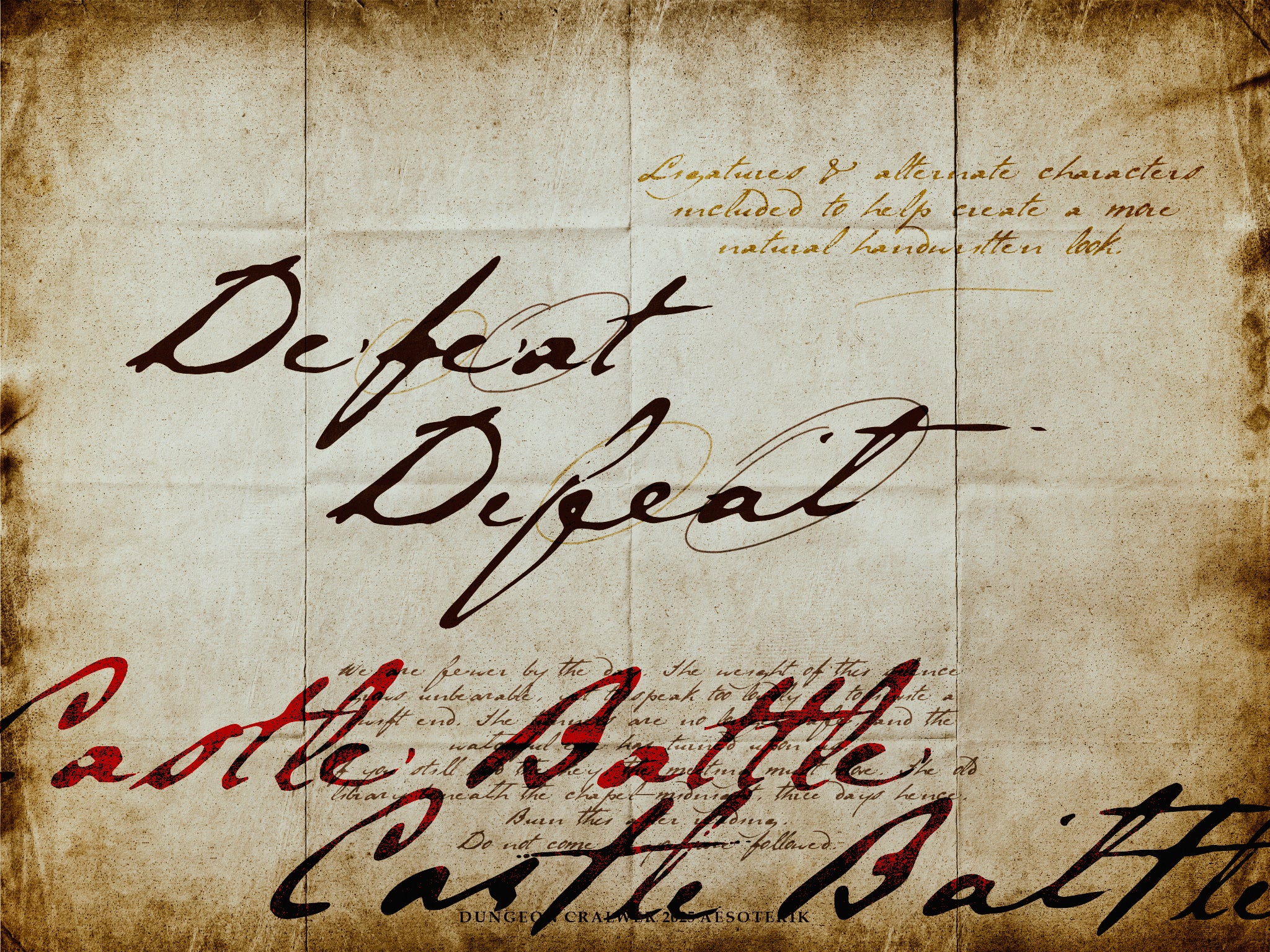 Text 'Defeat' and 'Castle Battle' written in a hand penned font on a textured paper background