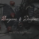 An advert for a Dungeons and Dragons game night, showing a birdseye view of a grey table decorated with dice and pendants. Writing in white using a hand written font