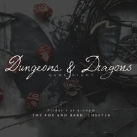 An advert for a Dungeons and Dragons game night, showing a birdseye view of a grey table decorated with dice and pendants. Writing in white using a hand written font