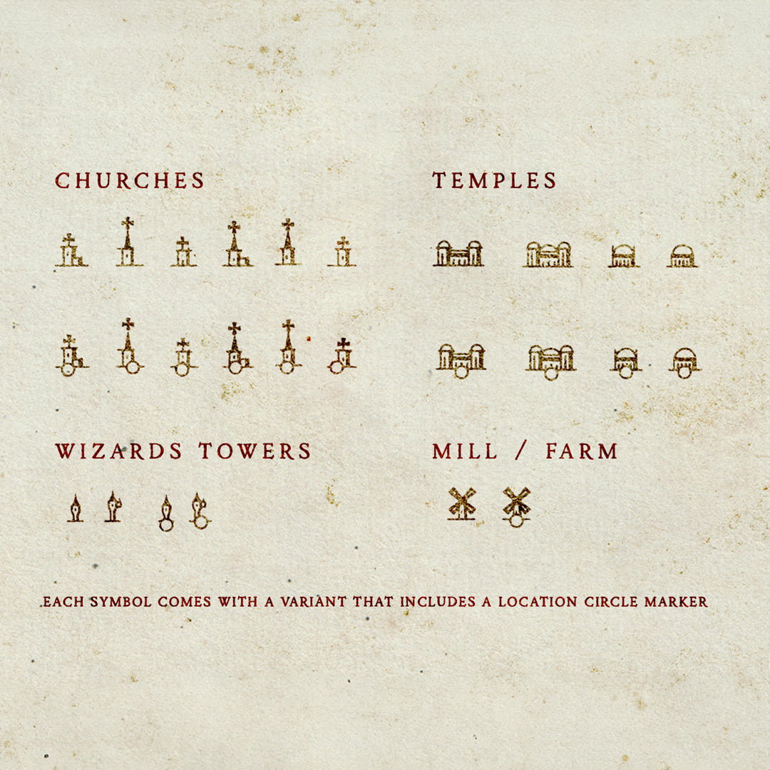 A grid of icons, showing the churches and temples contained in the Settlements brush pack 