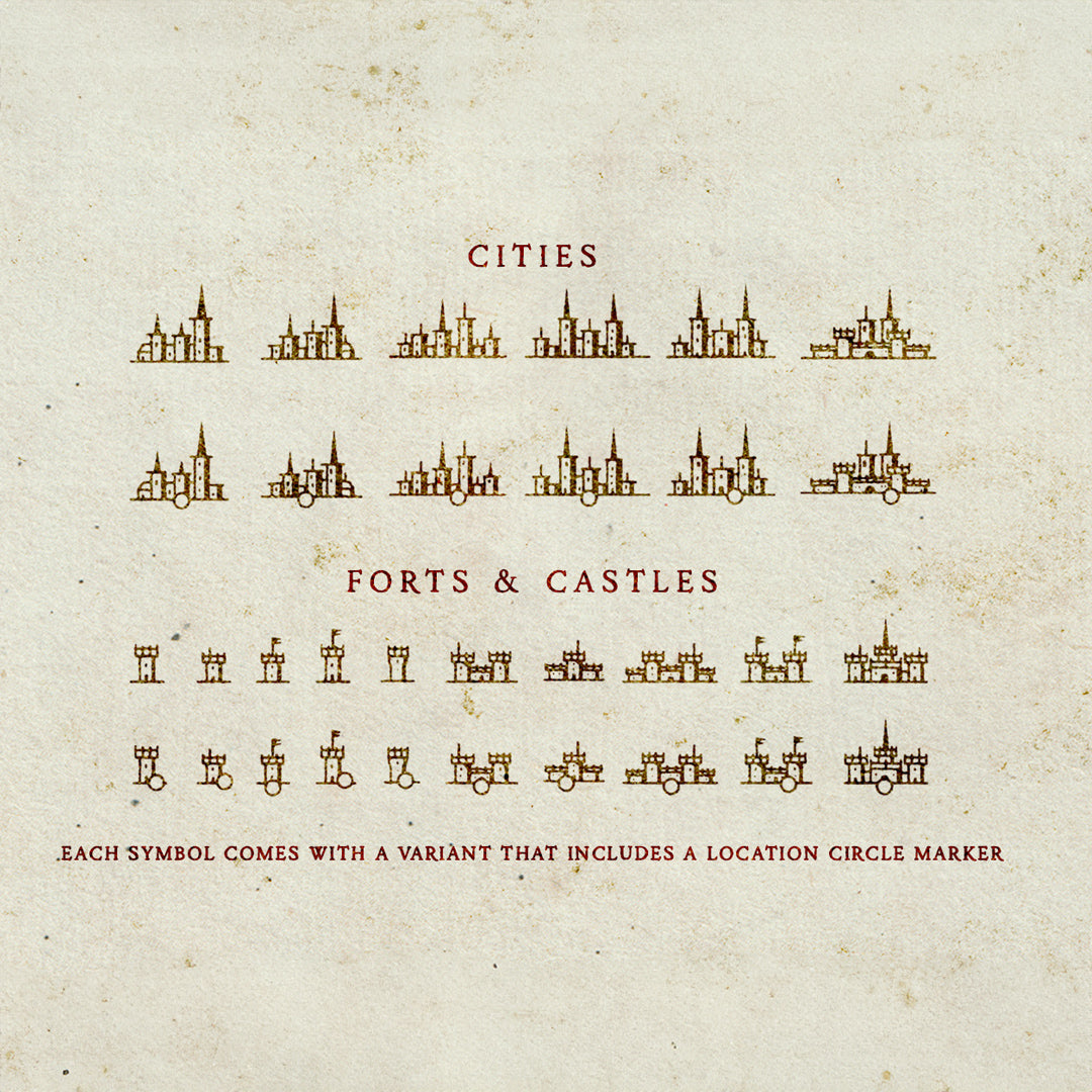 A series of icons showing cities and forts contained in Aesoterik's settlements icons brush pack
