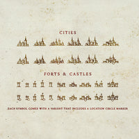 A series of icons showing cities and forts contained in Aesoterik's settlements icons brush pack
