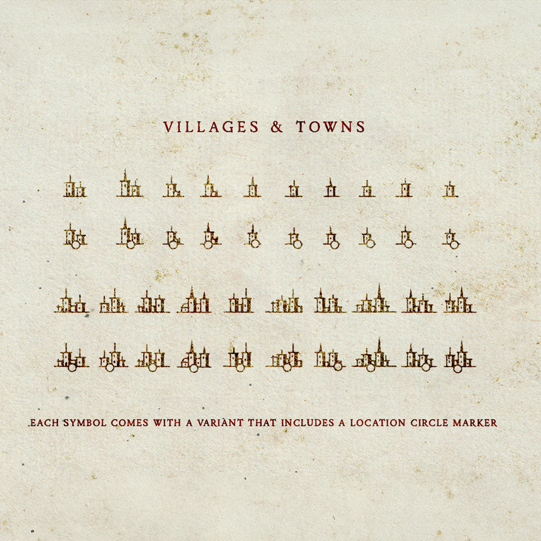 A grid of icons, showing the village and town brushes contained in the Settlements brush pack 