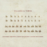 A grid of icons, showing the village and town brushes contained in the Settlements brush pack 