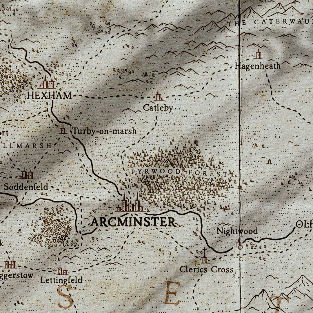 A fantasy map drawn on old paper contains various towns and villages all labelled with Aesoterik's settlement icon brushes, to create a medieval aesthetic