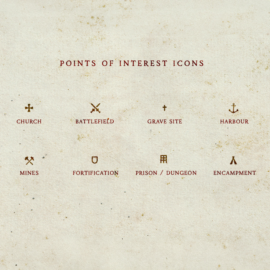 Aged parchment background with point of interest map icons drawn in a sepia coloured ink