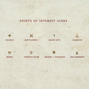 Aged parchment background with point of interest map icons drawn in a sepia coloured ink
