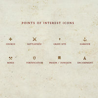 Aged parchment background with point of interest map icons drawn in a sepia coloured ink