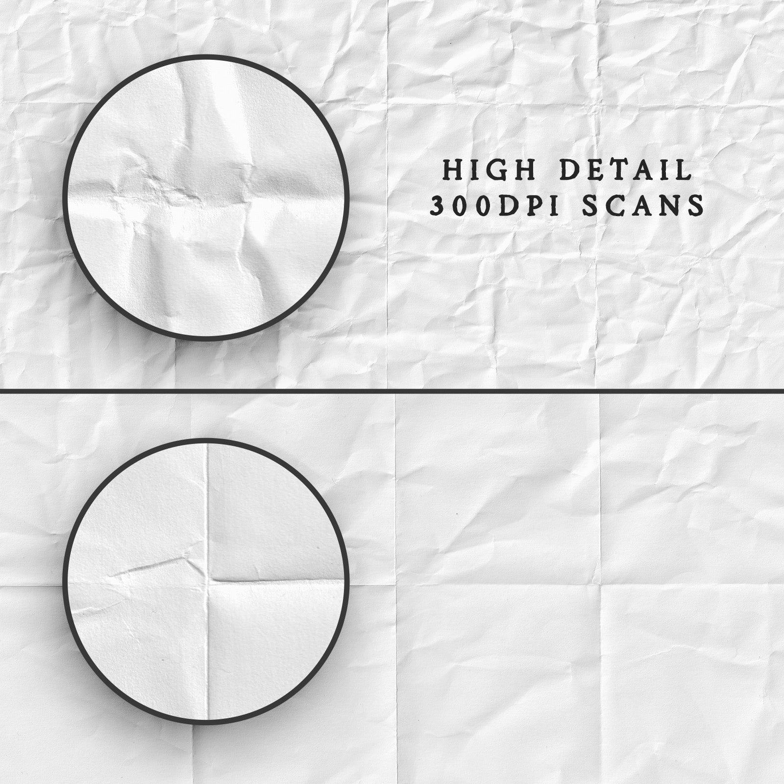 Circles overlays on white paper textures  showing a magnified portion and emphasising the resolution of the texture