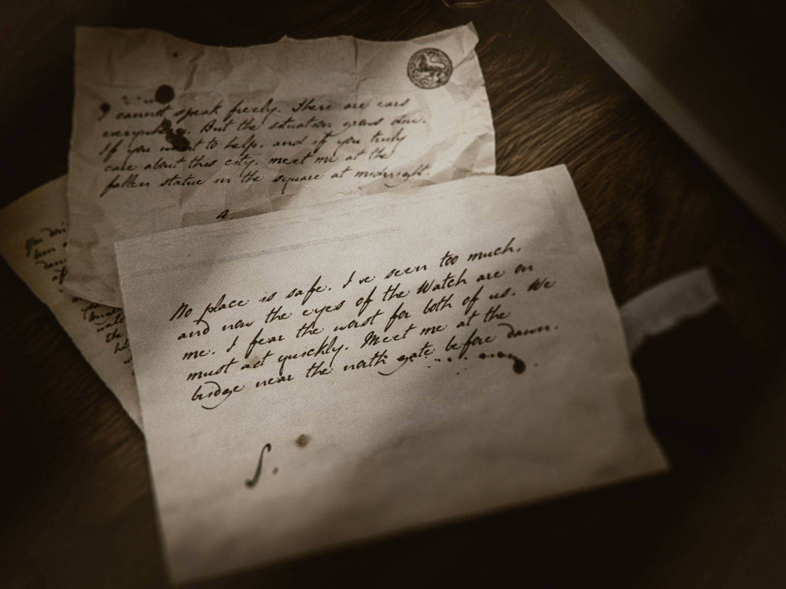 Two old letters with handwritten text on a wooden surface, used as a prop for D&D