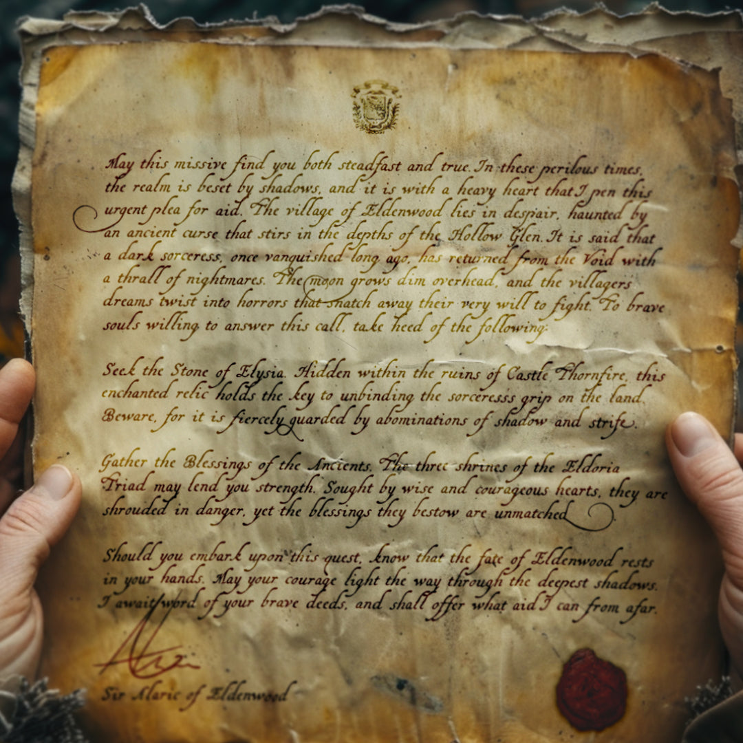 A digitally manipulated image used to advertise the New Regent Quill font. Hands hold an old letter that appears for be from a member of royalty or nobility.