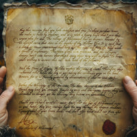 A digitally manipulated image used to advertise the New Regent Quill font. Hands hold an old letter that appears for be from a member of royalty or nobility.