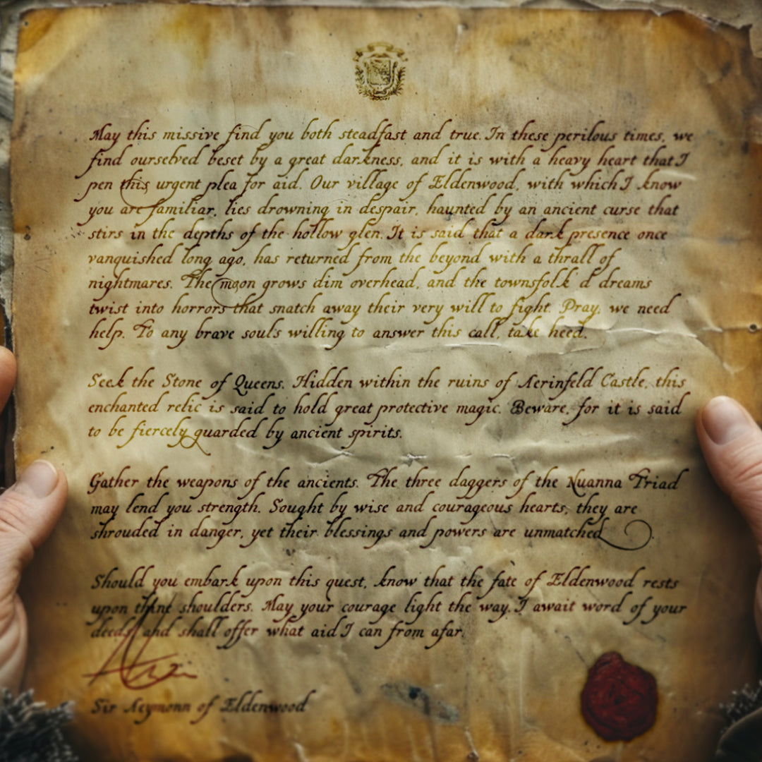 A D&D prop of an old letter from a noble. Text is in a beautiful cursive medieval script that looks hand written 