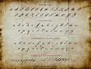 Vintage-style alphabet chart with uppercase, lowercase, and numerals written in a natural looking medieval handwriting font on a textured background.