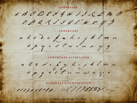 Vintage-style alphabet chart with uppercase, lowercase, and numerals written in a natural looking medieval handwriting font on a textured background.
