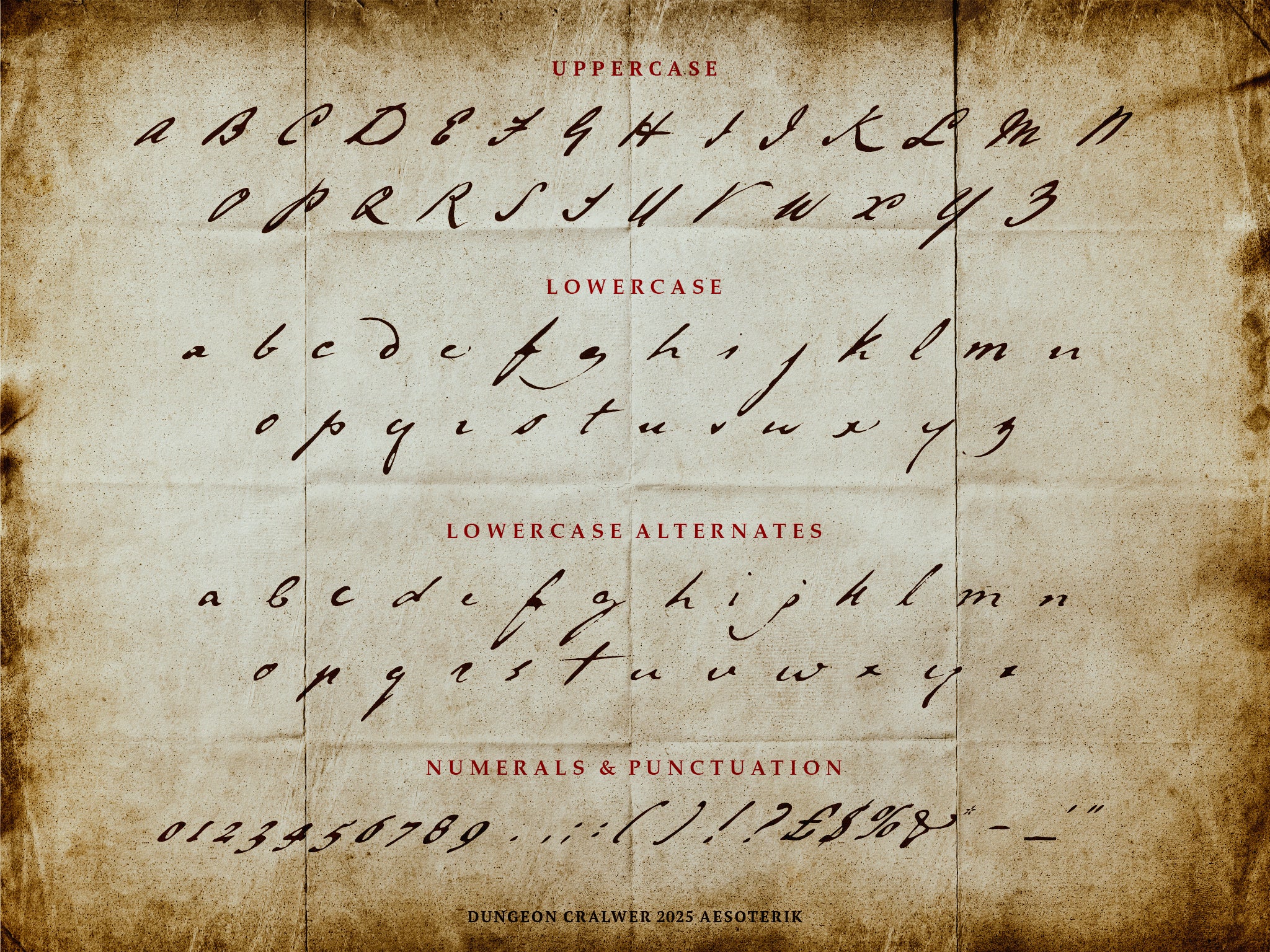 Vintage-style alphabet chart with uppercase, lowercase, and numerals written in a natural looking medieval handwriting font on a textured background.