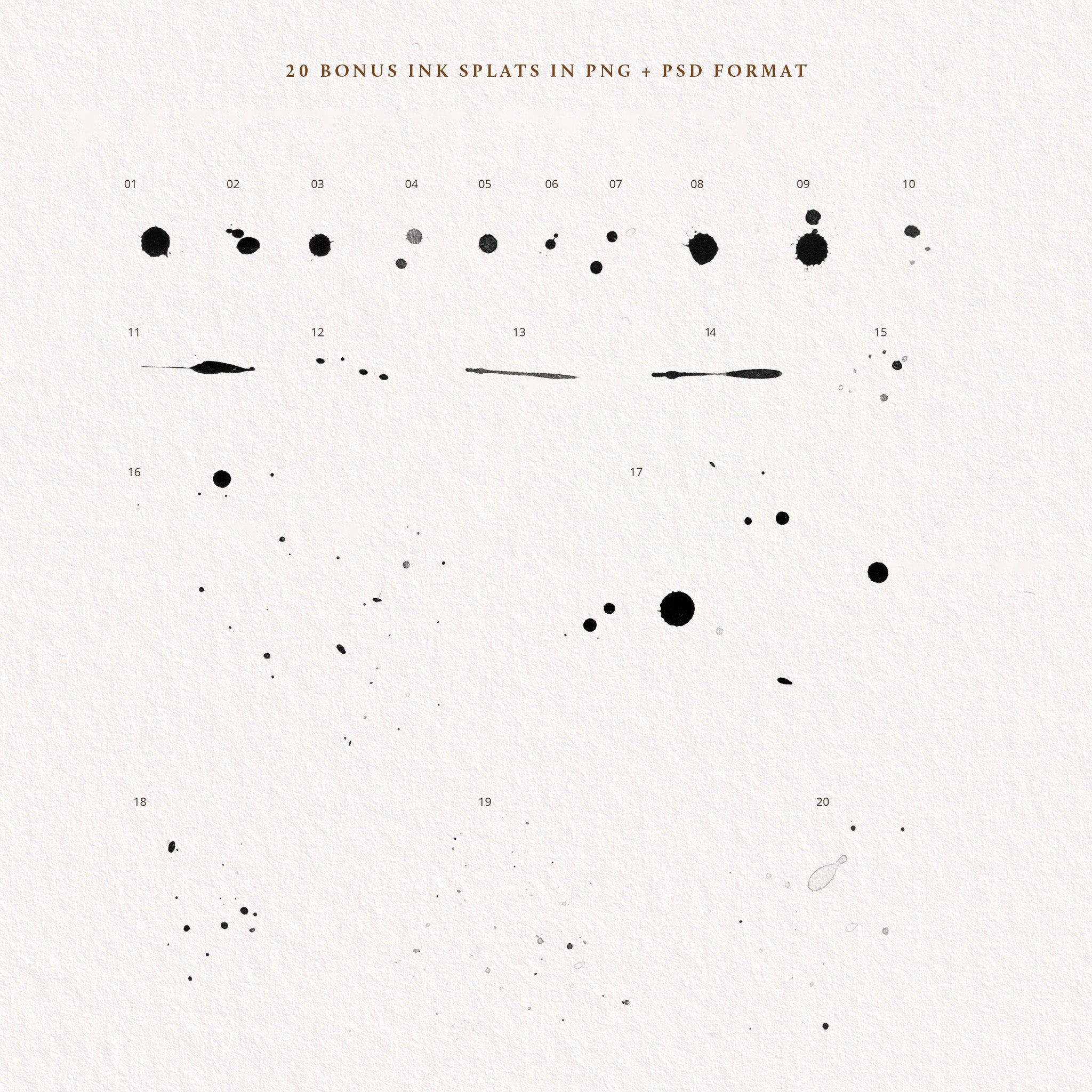 light paper background with dark ink splat samples