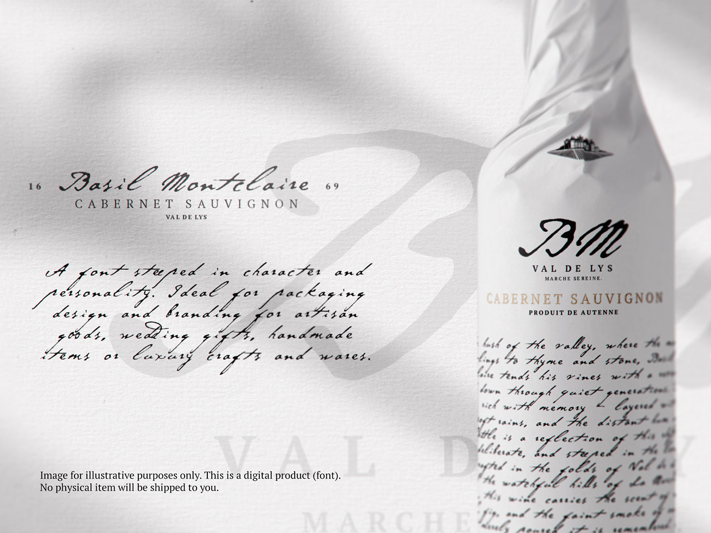 Bottle of Basil Montclaire Cabernet Sauvignon with elegant cursive text on a white background