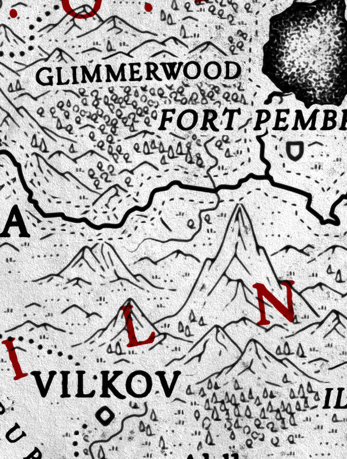Close-up of an illustrated fantasy map with black line drawings of mountains, trees, and roads on a light background