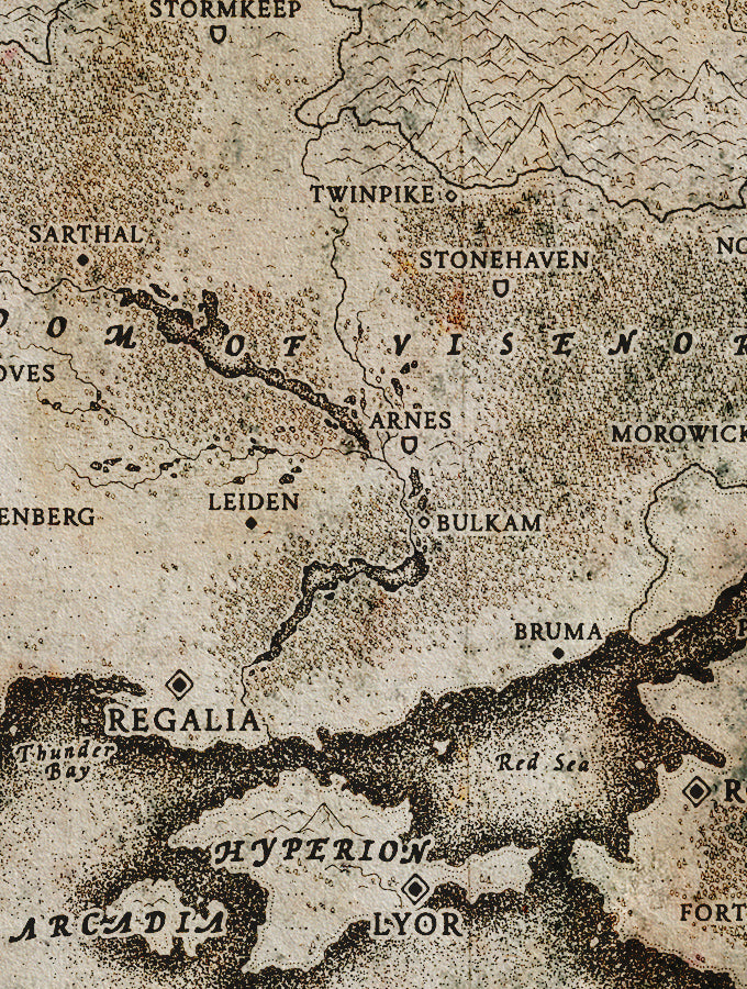 Close-up of an antique style fantasy map  with stylized typography and aged parchment textures.
