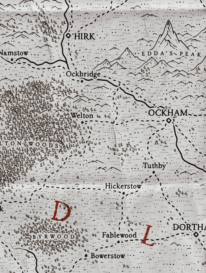 A close-up of a vintage fantasy map showing locations in a hand-drawn style with labels and dotted route lines.