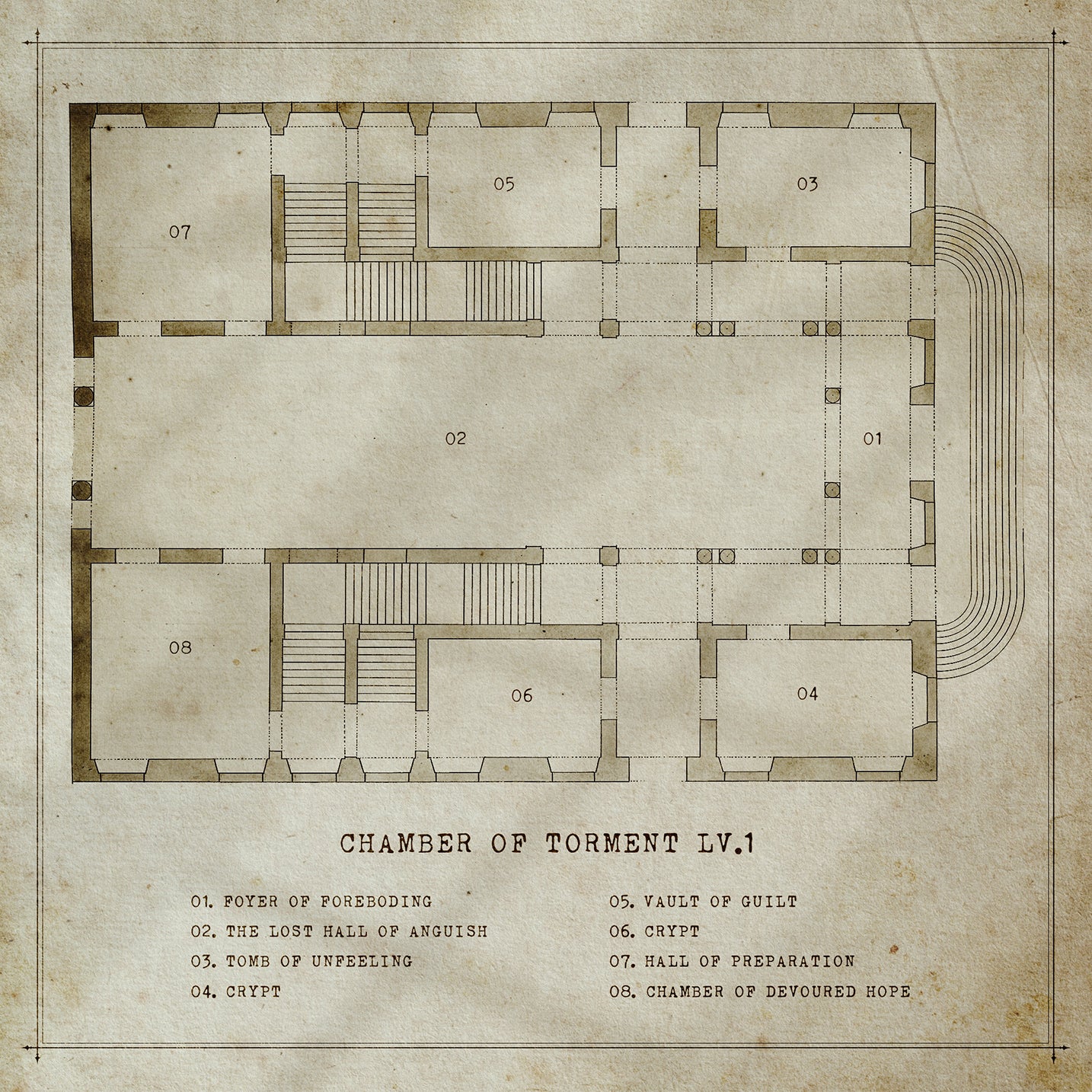 old looking dungeon map showing the merchant ledger font in use as the labelling text