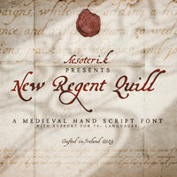 Promotional image for Asstrotrik's New Regent Quill font featuring a decorative medieval-style hand-written font sample with ornate lettering and a coat of arms emblem.