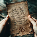 Hands holding a small ancient handwritten note, an immersive D&D prop