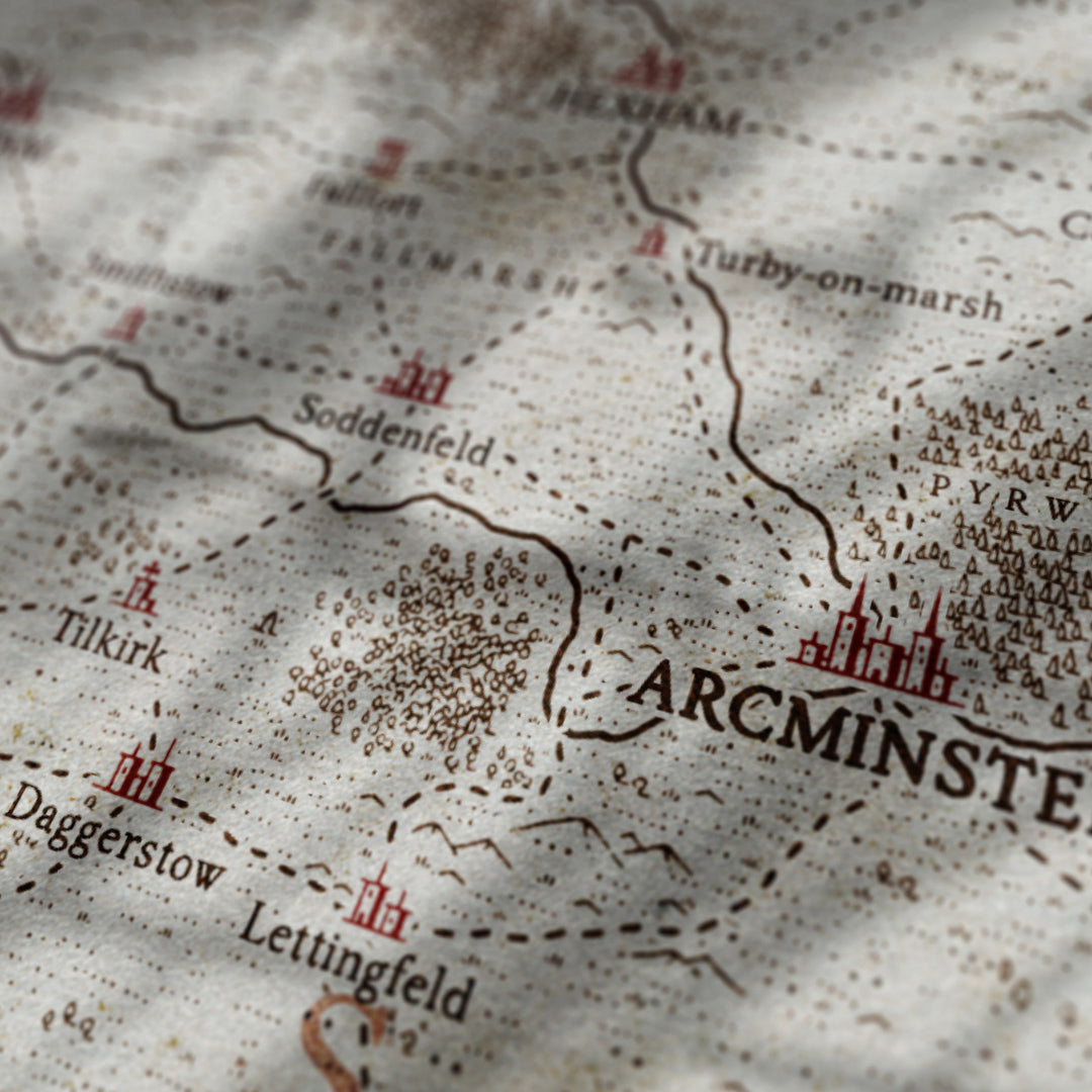 A view of a fantasy map with very shallow depth of field, illustrating the settlement brushes by Aesoterik
