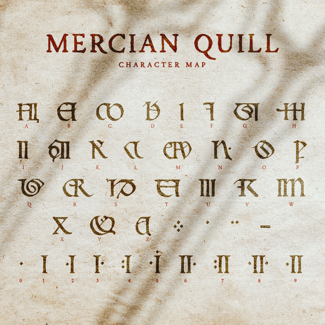 Promotional image showcasing the Mercian Quill font; shows an old page filled with medieval looking letters