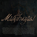A gothic inspired poster showcasing a handwritten fantasy font called Mythshire. The word Multilingual is written in amber text over and image of a queen, dressed in dark attire sitting on a gothic throne