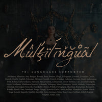 A gothic inspired poster showcasing a handwritten fantasy font called Mythshire. The word Multilingual is written in amber text over and image of a queen, dressed in dark attire sitting on a gothic throne