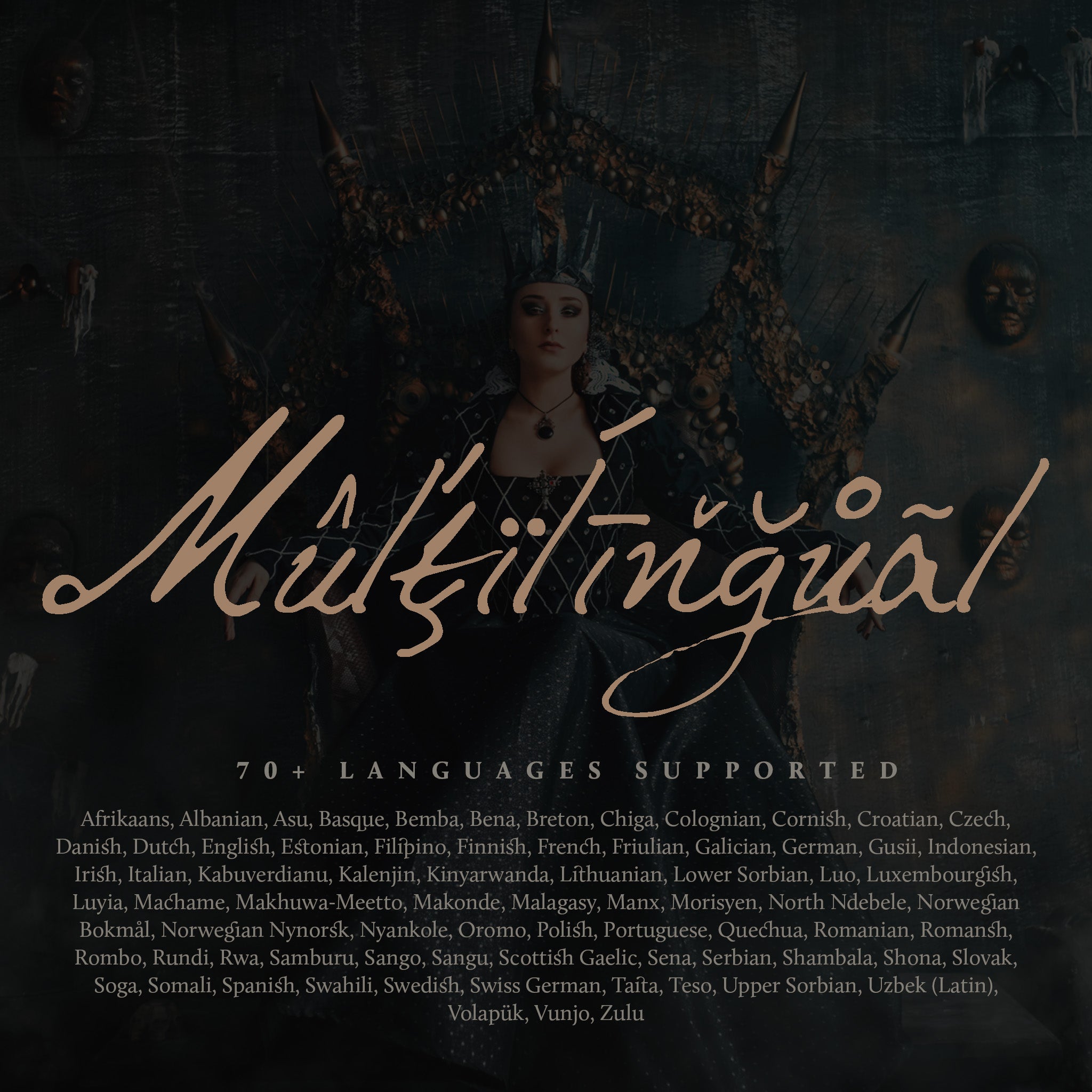 A gothic inspired poster showcasing a handwritten fantasy font called Mythshire. The word Multilingual is written in amber text over and image of a queen, dressed in dark attire sitting on a gothic throne
