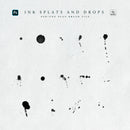 A series of black ink splats on a white texture paper background