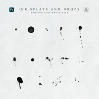 A series of black ink splats on a white texture paper background