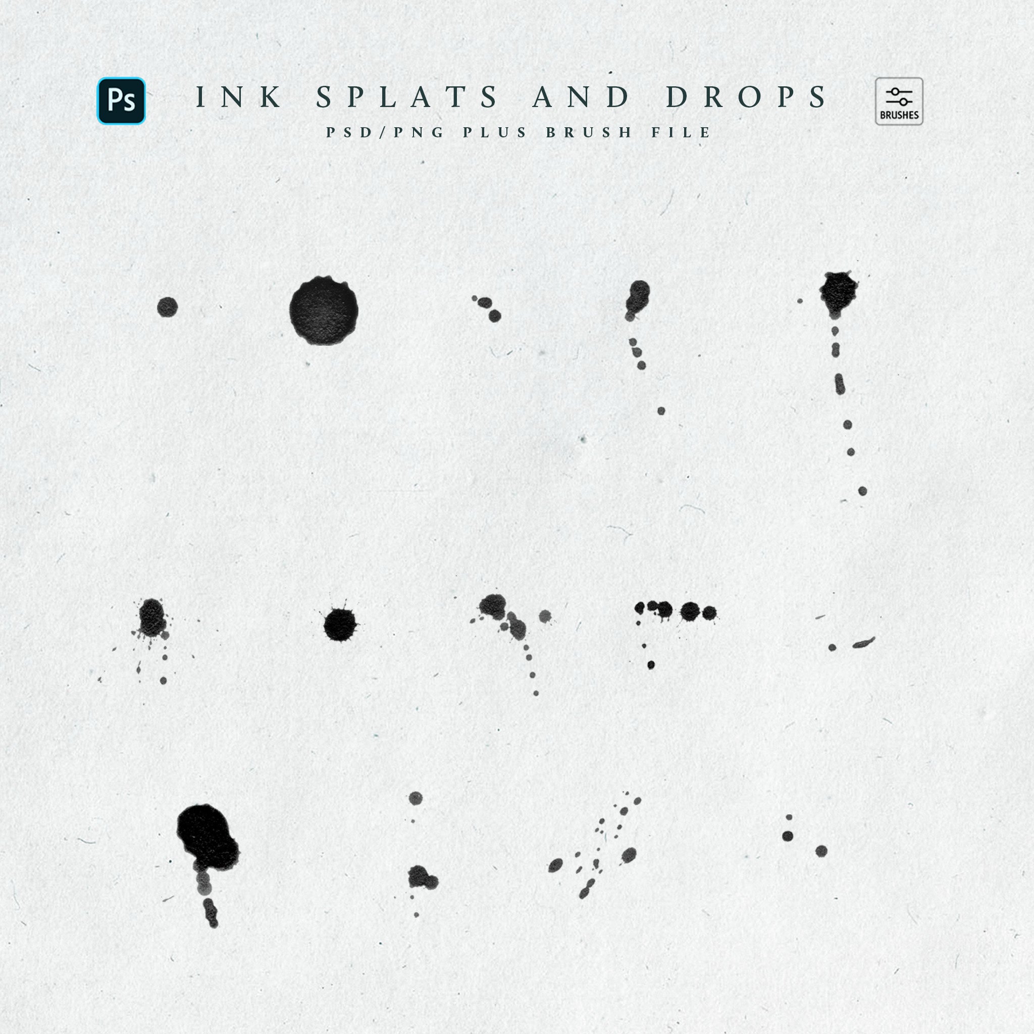 A series of black ink splats on a white texture paper background