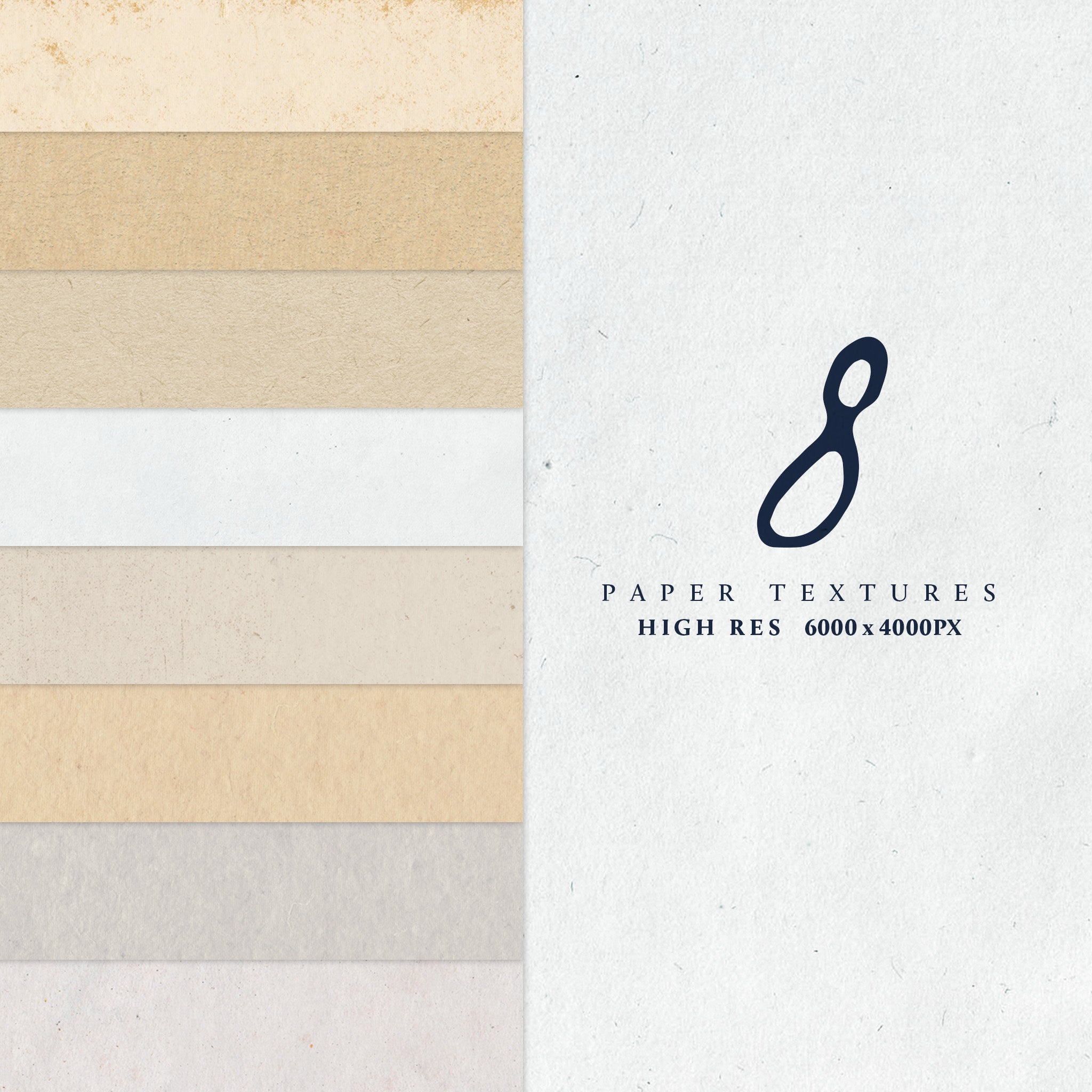 A sample showing 8 paper textures all with a muted white , or ivory colour