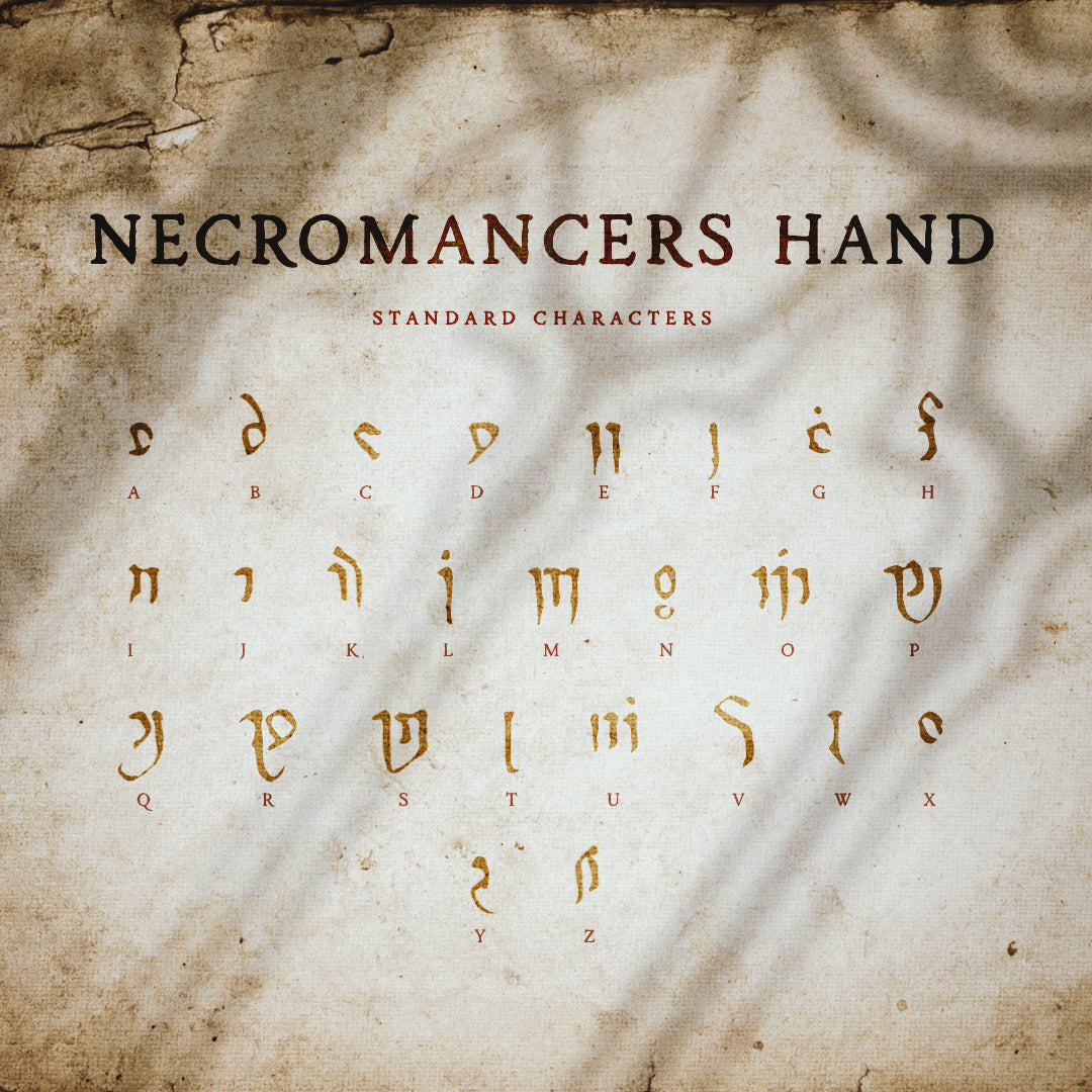 A promotional image displaying all the characters in the Necromancers Hand font by aesoterik