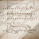 The lowercase letters of the New Regent Quill font displayed on an old ivory colour paper
