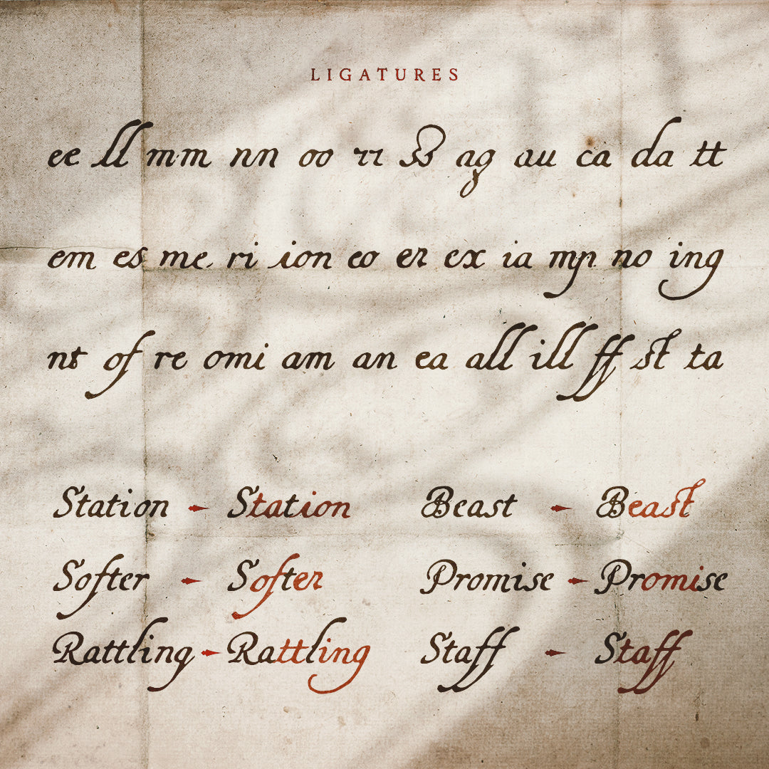 Medieval looking page with old script writing showcasing the ligatured included in the New Regent Quill font by Aesoterik